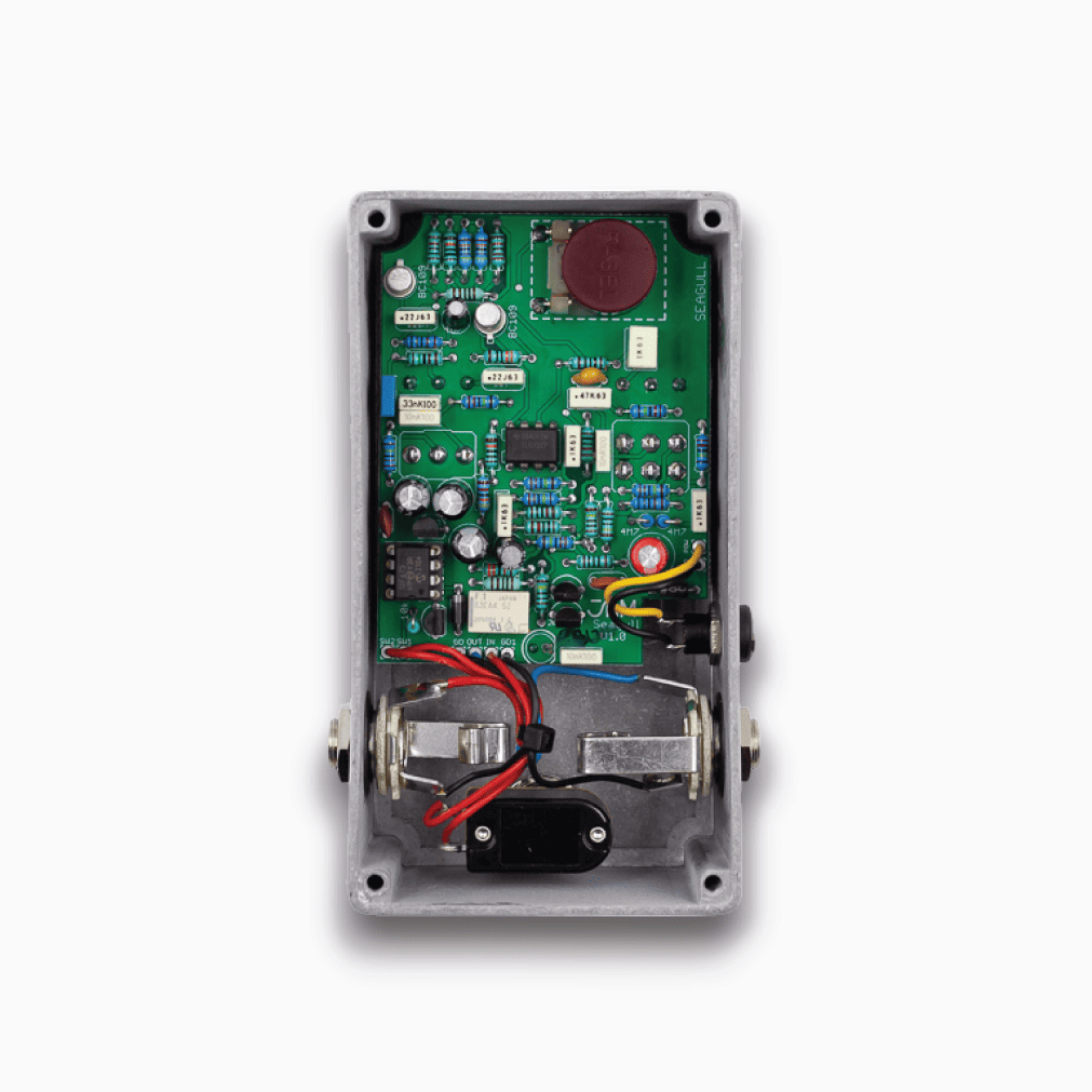 Back of JAM Pedals Seagull with internals showing.