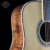 Front angle of Martin Custom Shop Dread 41 Style Adirondack / Exceptional Broad Figure Koa.