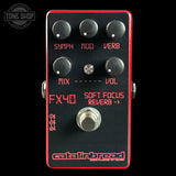 Guitar effects pedal with red text and 'catalinbread' branding on a black background