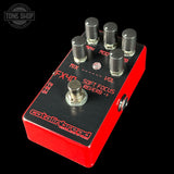 Guitar effects pedal with red and black design on a black background, featuring the Catalinbread brand.