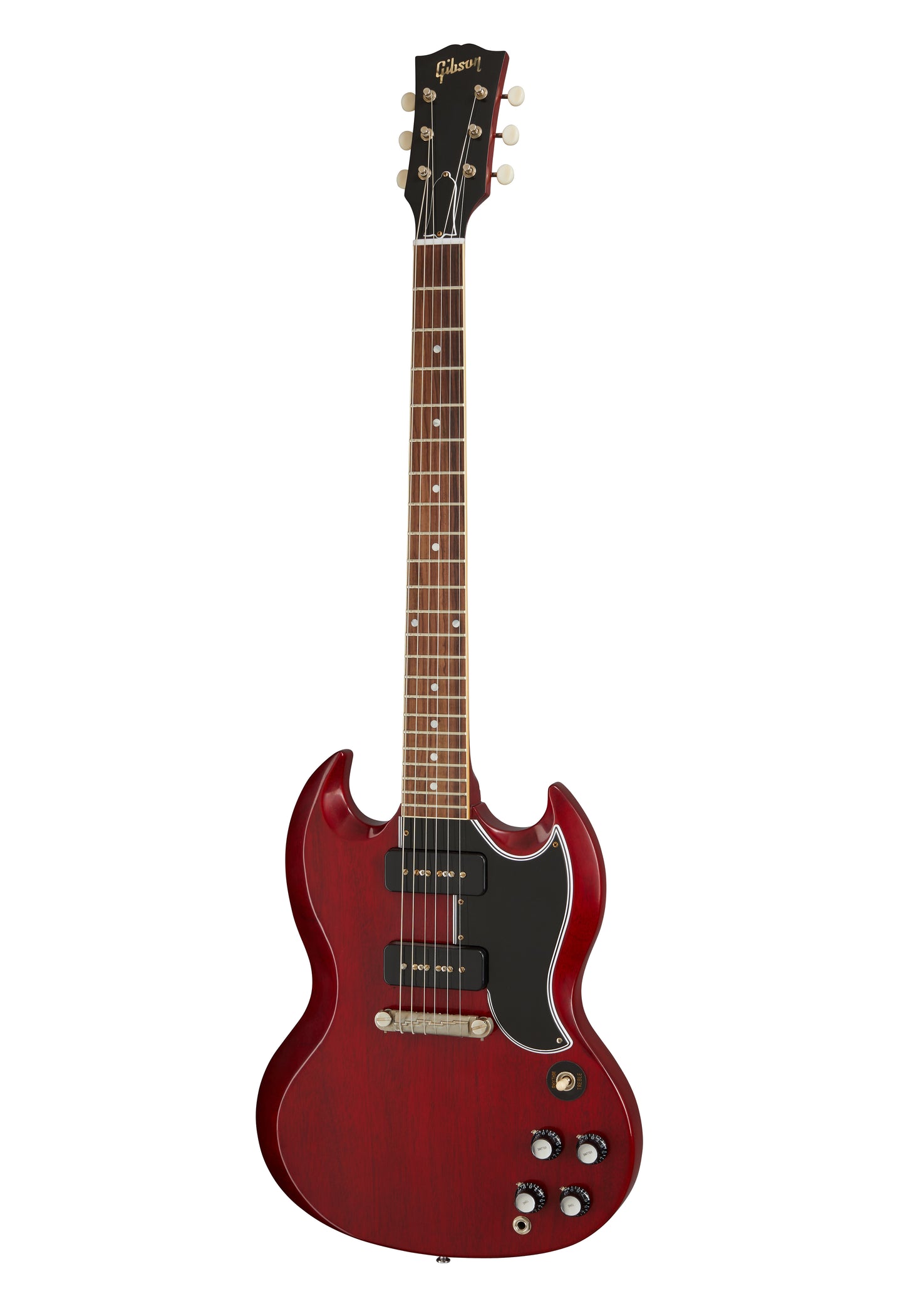 Full frontal of Gibson 1963 SG Special Reissue Lightning Bar VOS Cherry Red.