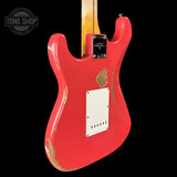 Back angle of Fender Custom Shop Time Machine '57 Strat Heavy Relic Aged Fiesta Red.