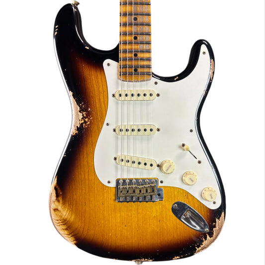 Front of Fender Custom Shop Time Machine '57 Strat Heavy Relic Faded Aged 2 Color Sunburst.