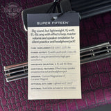 Super Fifteen amplifier tag on a purple textured surface