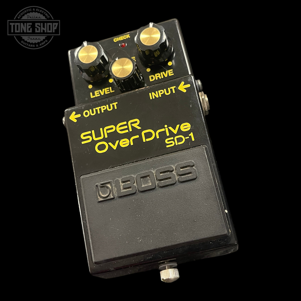Front angle of Used Boss SD-1 Super Overdrive Pedal.