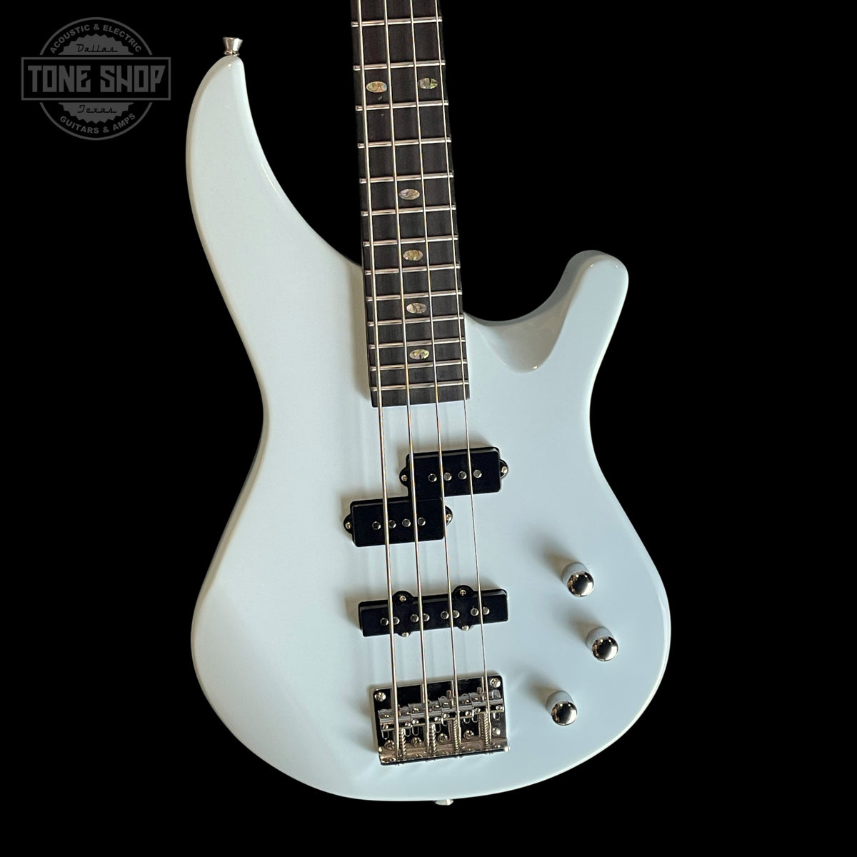 Front of Used Mitchell Short Scale Bass Robins Egg Blue.