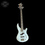 Full front of Used Mitchell Short Scale Bass Robins Egg Blue.