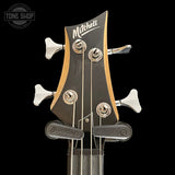 Headstock of Used Mitchell Short Scale Bass Robins Egg Blue.
