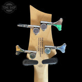 Back of headstock of Used Mitchell Short Scale Bass Robins Egg Blue.