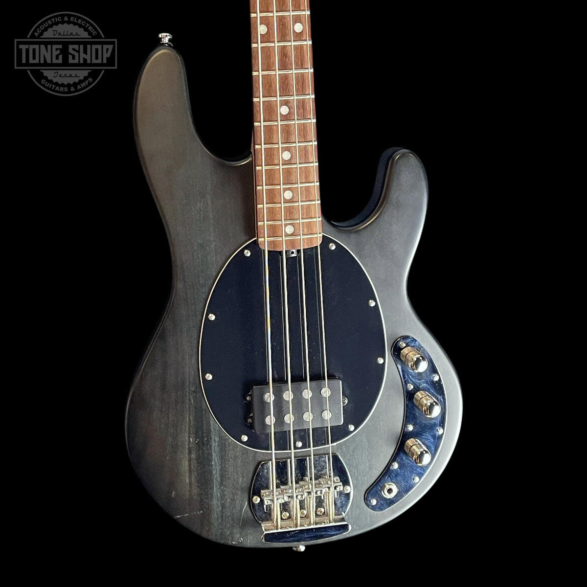 Front of Used Sterling by Music Man Sting Ray Bass Satin Black.