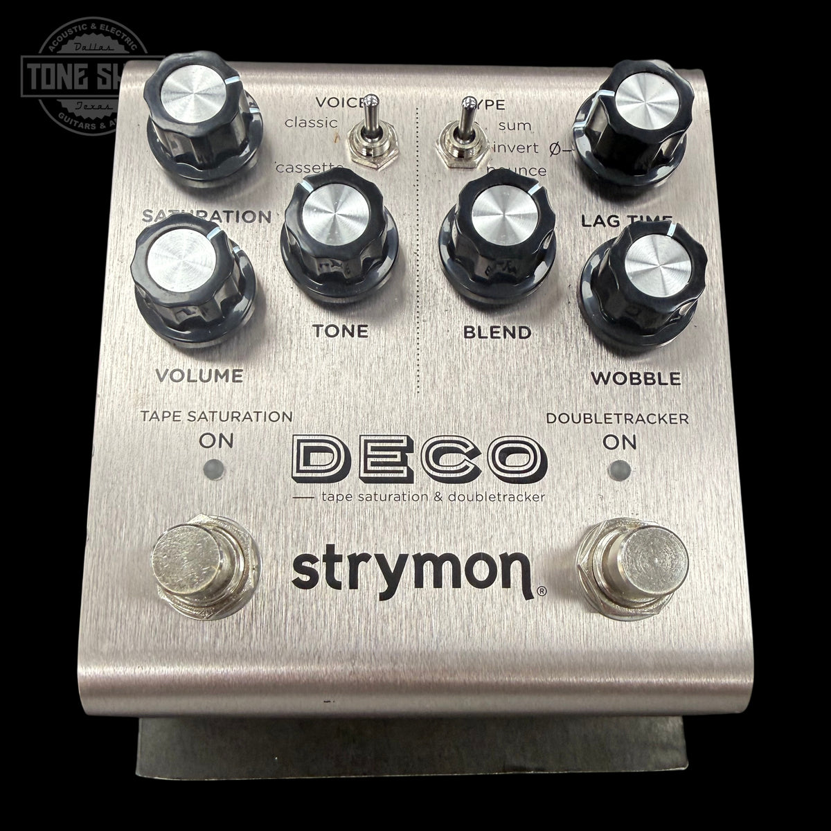 Front of Used Strymon Deco Tape Saturation And Double Tracker Delay Pedal V2.