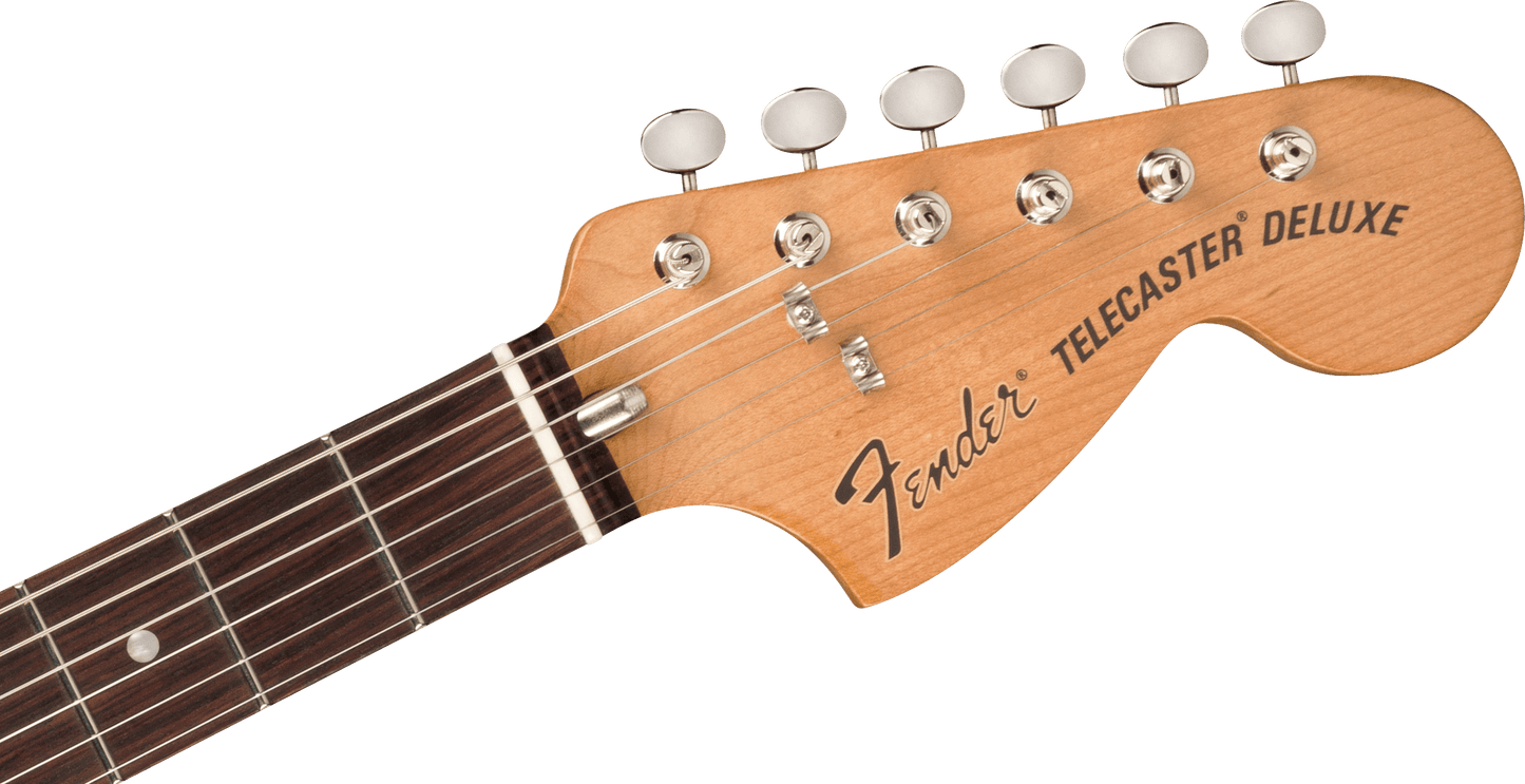 Closeup of Fender Kingfish Telecaster Deluxe RW Mississippi Night headstock.