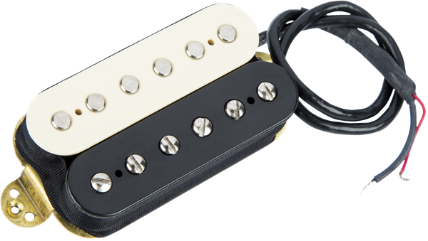 Front left angle of EVH Wolfgang Bridge Pickup Black and White.