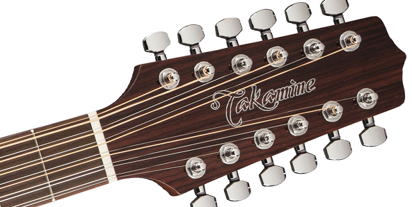Close up of Takamine GD30CE-12 Natural 12 String headstock.