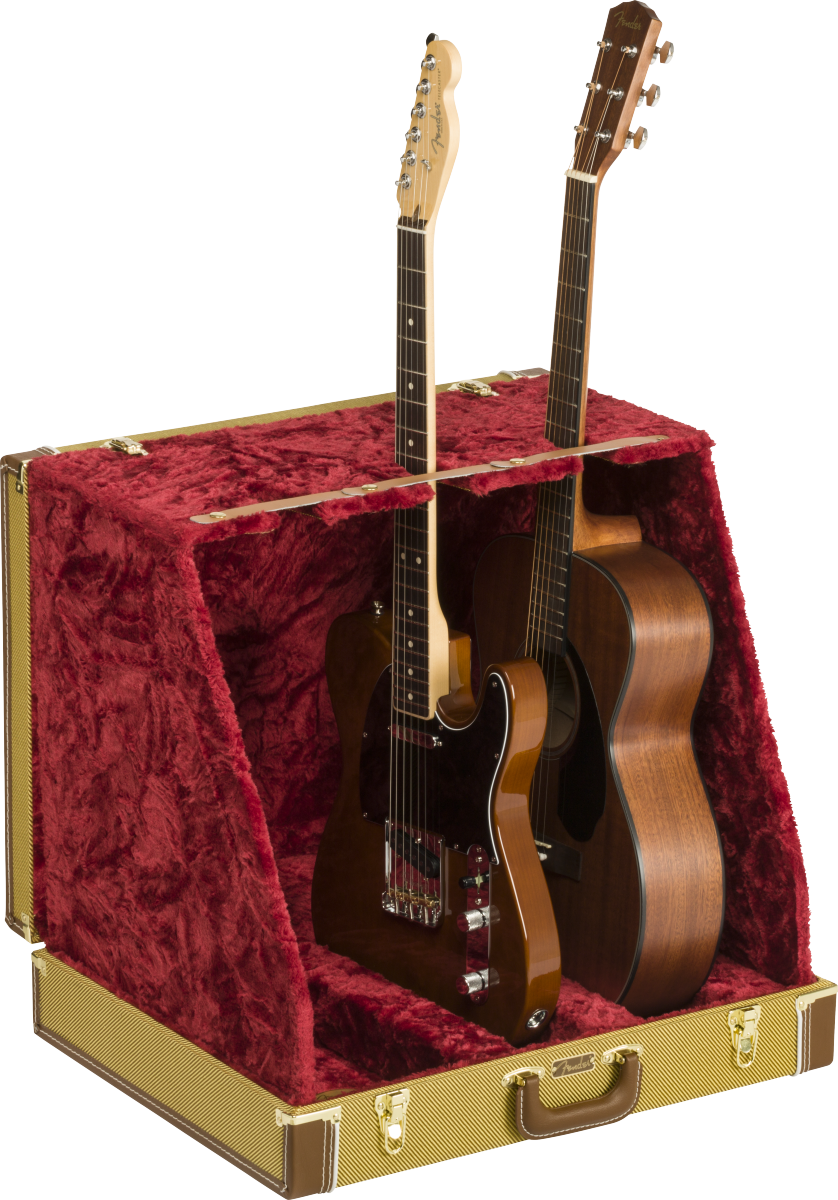 Front angle of Fender Classic Series Case Stand Tweed 3 Guitar.