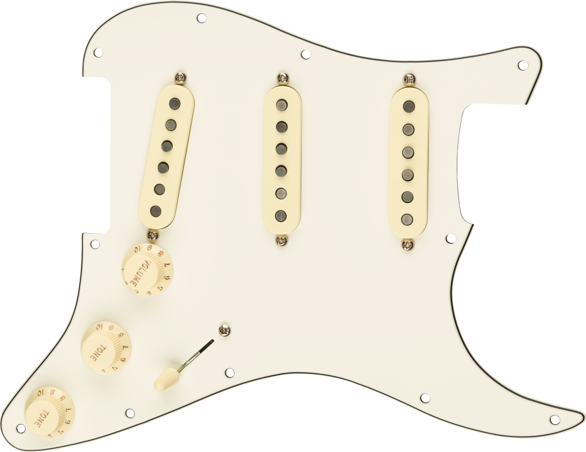 Front of Fender Pre-Wired Strat Pickguard Custom Shop Texas Special SSS Parchment 11 Hole.