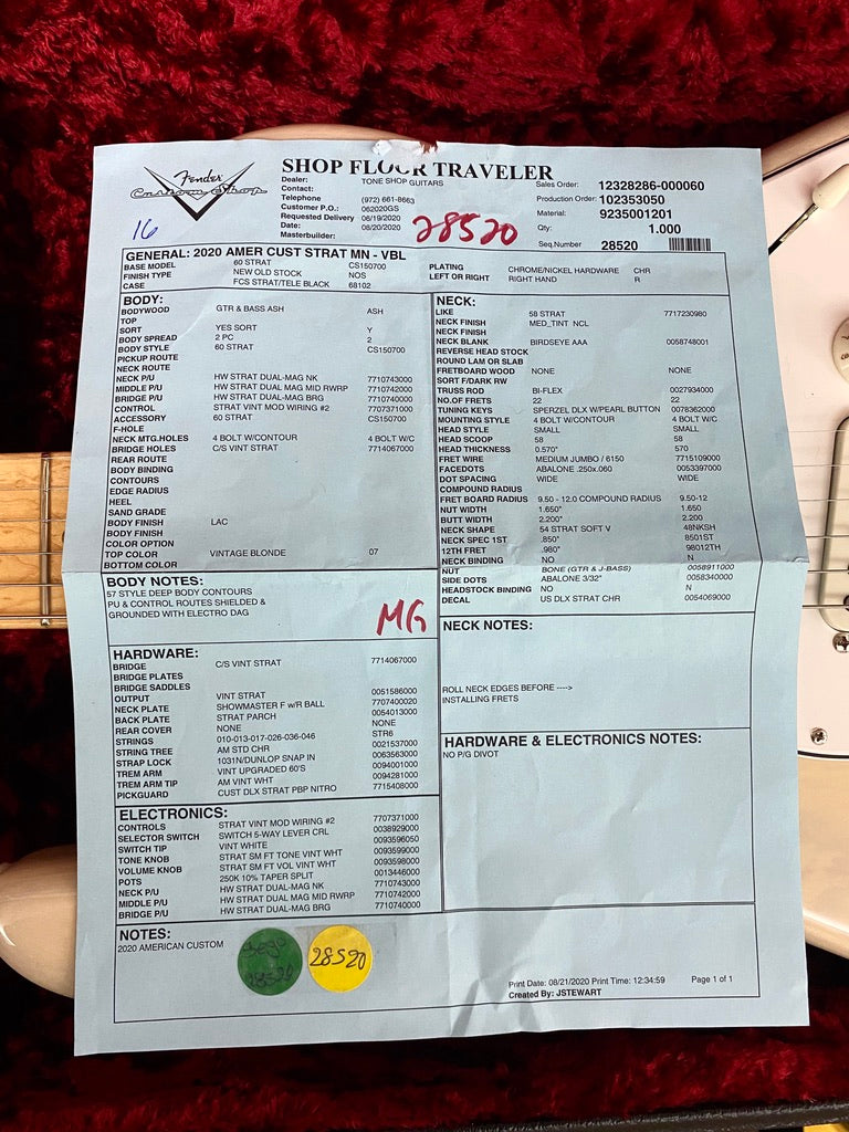 Fender Custom Shop Stratocaster product specifications paper Tone Shop Guitars DFW
