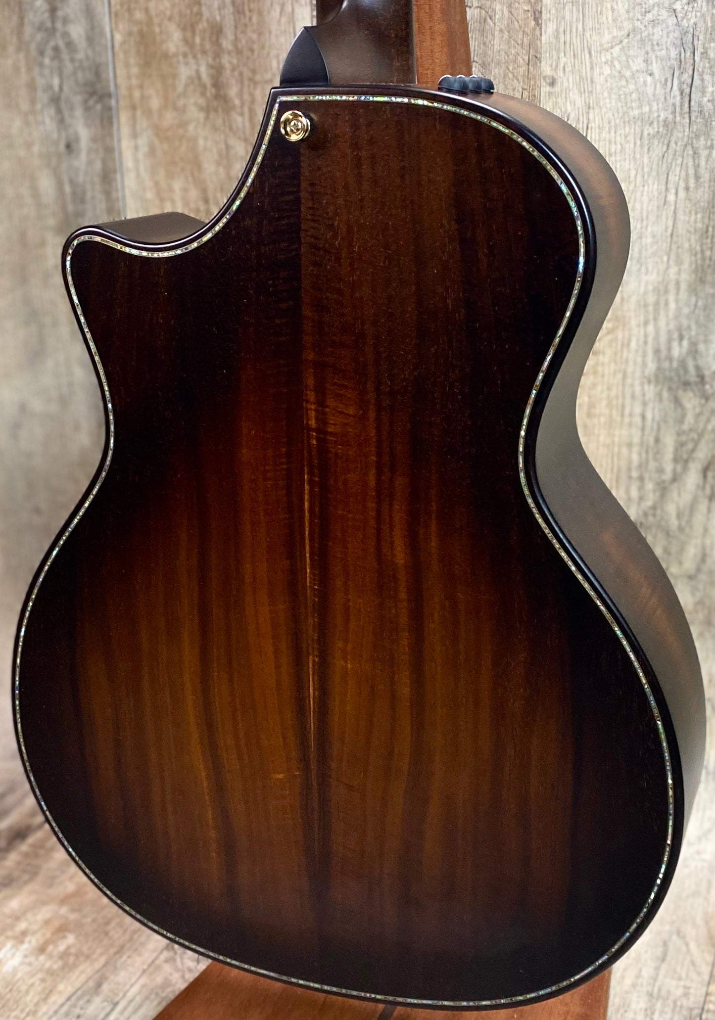 Back of Taylor Builder's Edition K24ce Acoustic Guitar body in Hawaiian koa Shop Guitars DFW