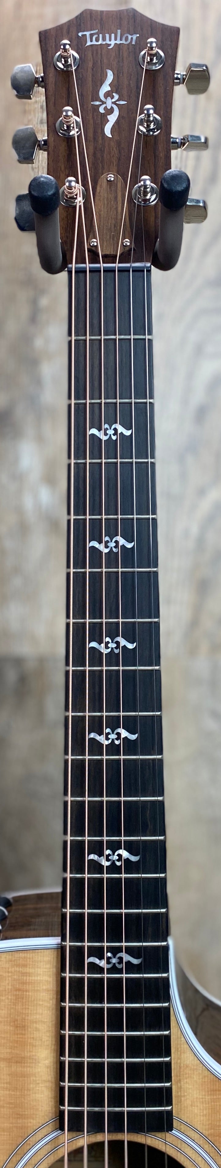 Close up of Taylor 412ce-R V-Class Bracing fretboard and headstock.