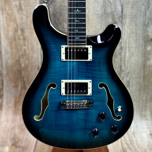 Front of PRS Paul Reed Smith SE Hollowbody II Piezo Peacock Blue Smokeburst.
