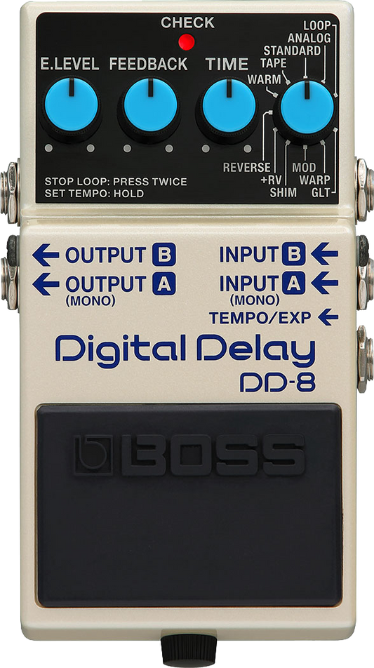 Top down of Boss DD-8 Digital Delay.