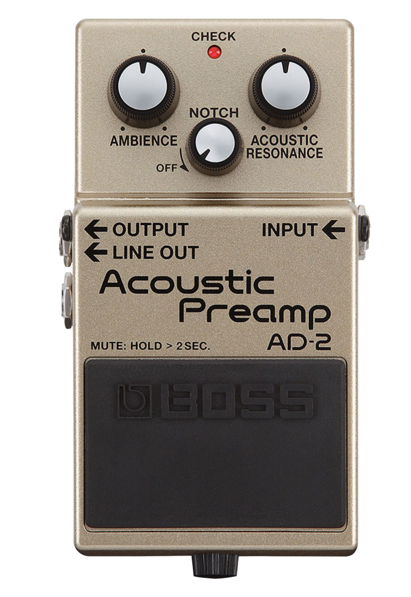 Top down of Boss AD-2 Acoustic Preamp.