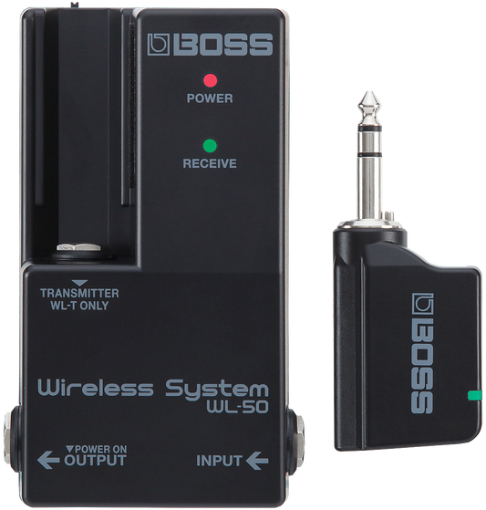 Top down of Boss WL-50 Guitar Wireless System contents.