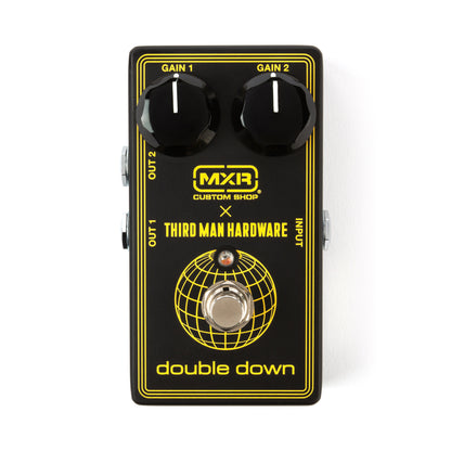 Top down of MXR X Third Man Hardware Double Down Pedal with white background.