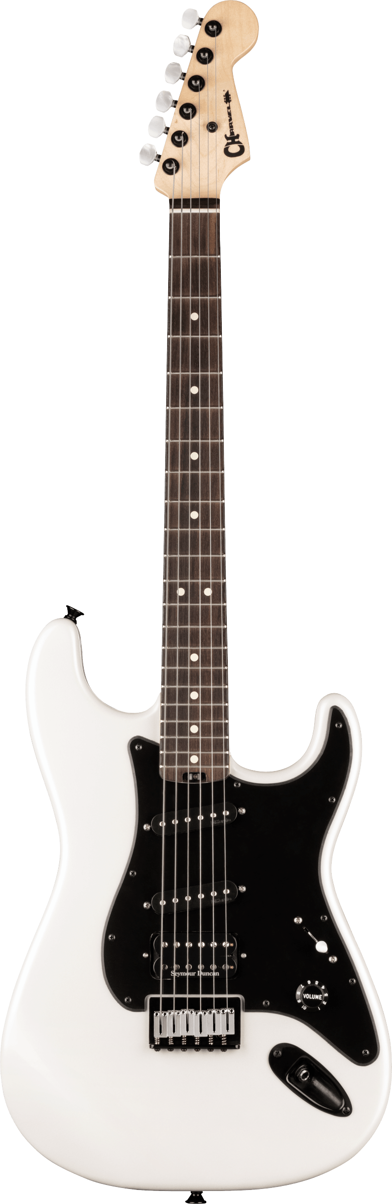 Full frontal of Charvel Jake E Lee Signature Pro-Mod So-Cal Style 1 HSS HT RW Pearl White.