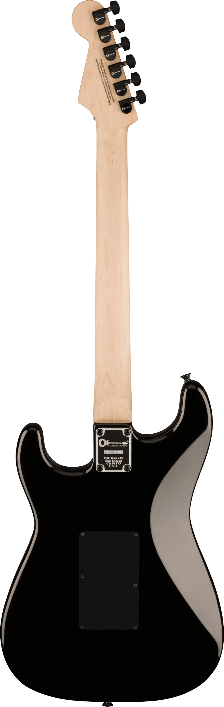 Back of Charvel Pro-Mod So-Cal Style 1 HH FR Ebony Fingerboard Three-Tone Sunburst.