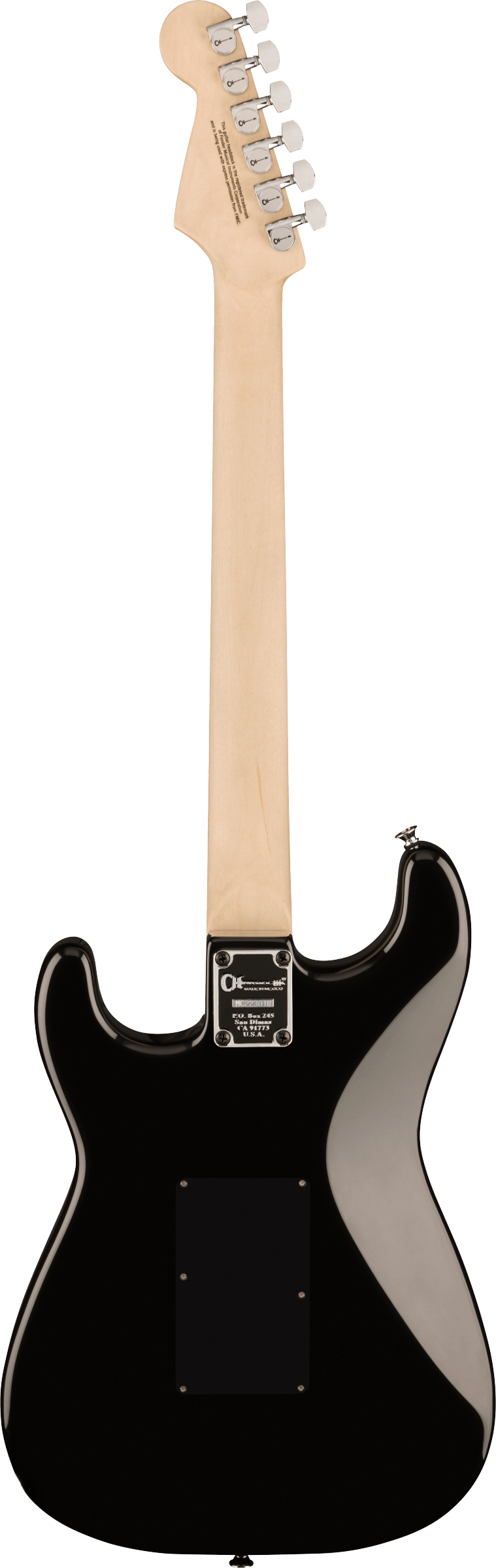 Back of Charvel Pro-Mod So-Cal Style 1 HH FR Maple Fingerboard Gloss Black.