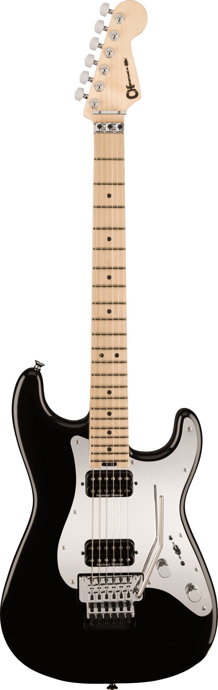 Full frontal of Charvel Pro-Mod So-Cal Style 1 HH FR Maple Fingerboard Gloss Black.