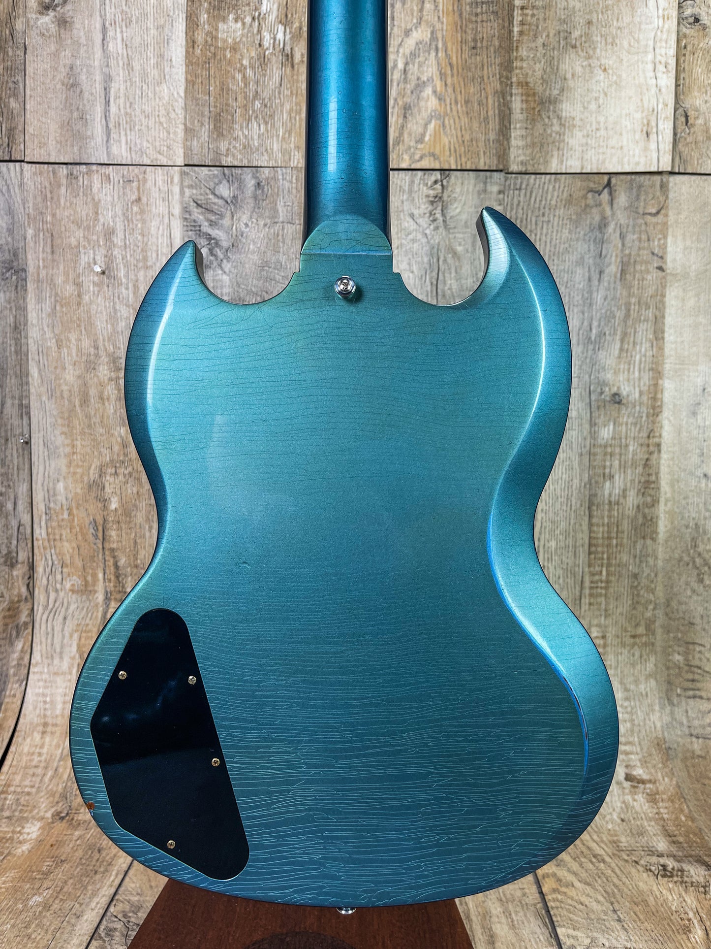 Back of Gibson Custom Shop Murphy Lab 1964 SG Standard Reissue Pelham Blue w/ Maestro Light Aged.