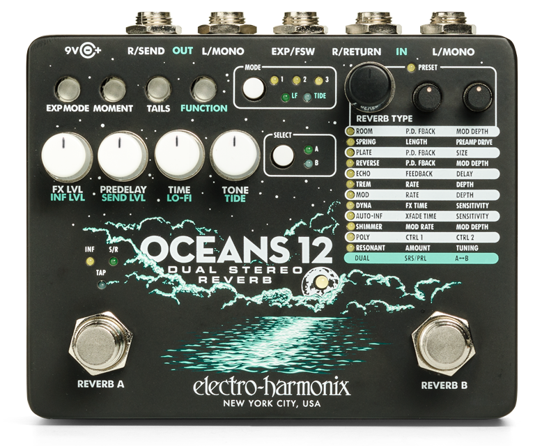 Top down of EHX Electro-Harmonix Oceans 12 Dual Stereo Reverb.