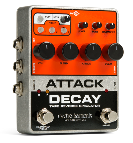 Front left angle of EHX Electro-Harmonix Attack Decay Tape Reverse Simulator.