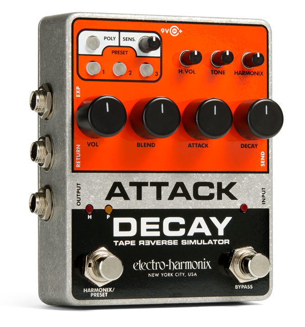 Front left angle of EHX Electro-Harmonix Attack Decay Tape Reverse Simulator.