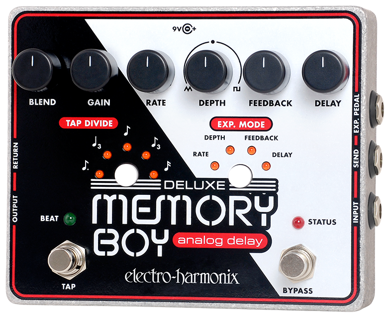 Front left angle of EHX Electro-Harmonix Dlx Memory Boy Pedal.