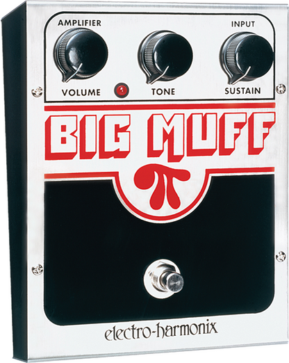 Front left angle of EHX Electro-Harmonix US Big Muff Pedal with white background.