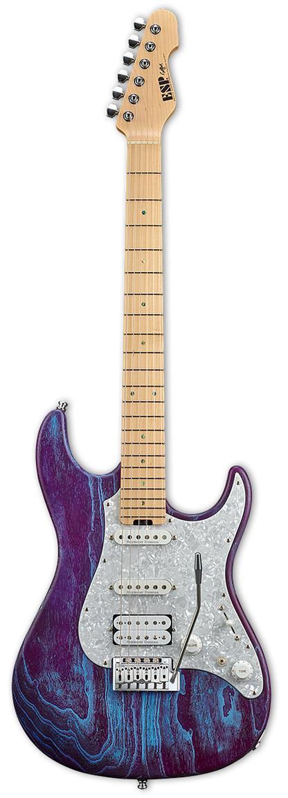Full frontal of ESP Custom Shop SNAPPER AS/M Drift Wood Indigo Purple w/Blue Filler.