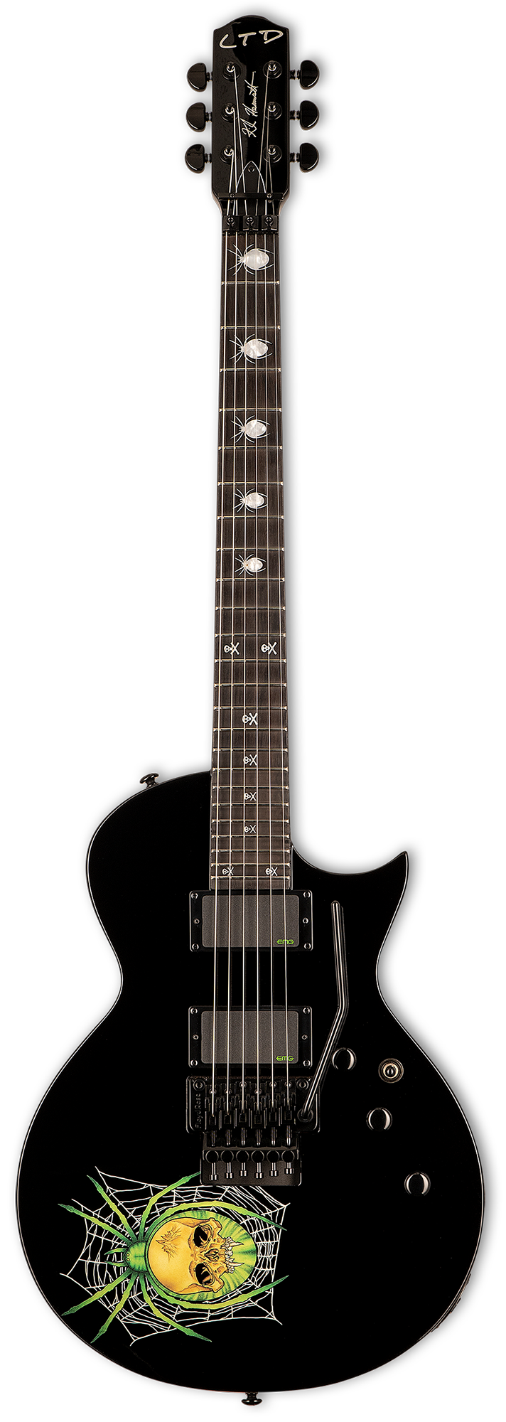 Full frontal of ESP LTD KH-3 Kirk Hammett Signature Black w/Spider Graphic .