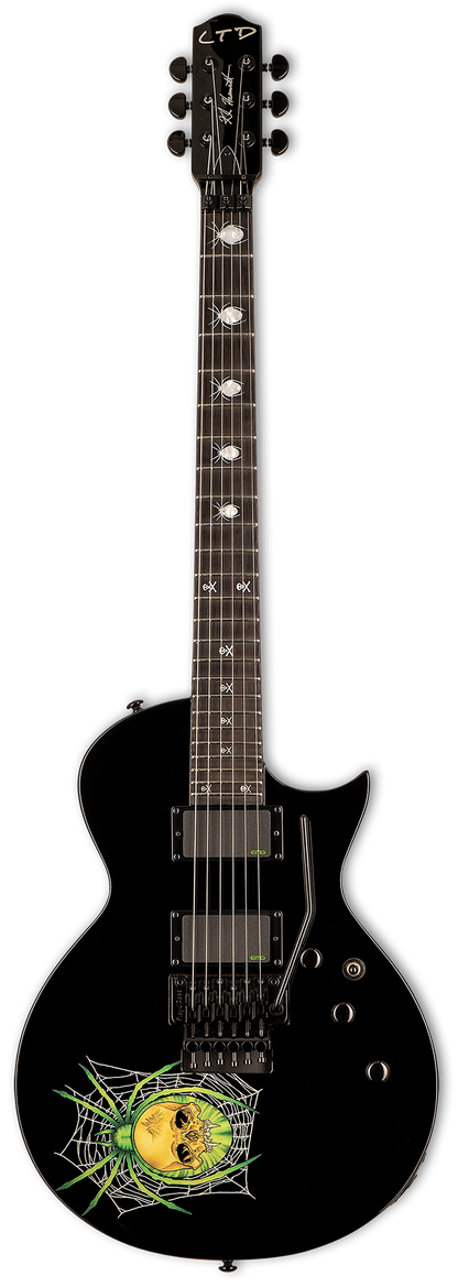 Full frontal of ESP LTD KH-3 Kirk Hammett Signature Black w/Spider Graphic .