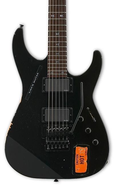 Front of ESP KH-2 Vintage Kirk Hammett Signature Series Distressed Black.