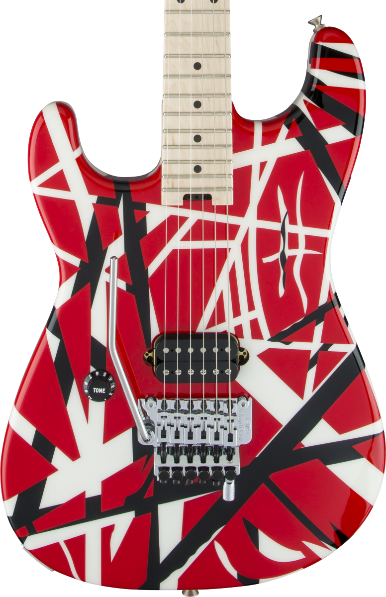 Front of EVH Striped Series Left Hand MP Red, Black and White Stripes.