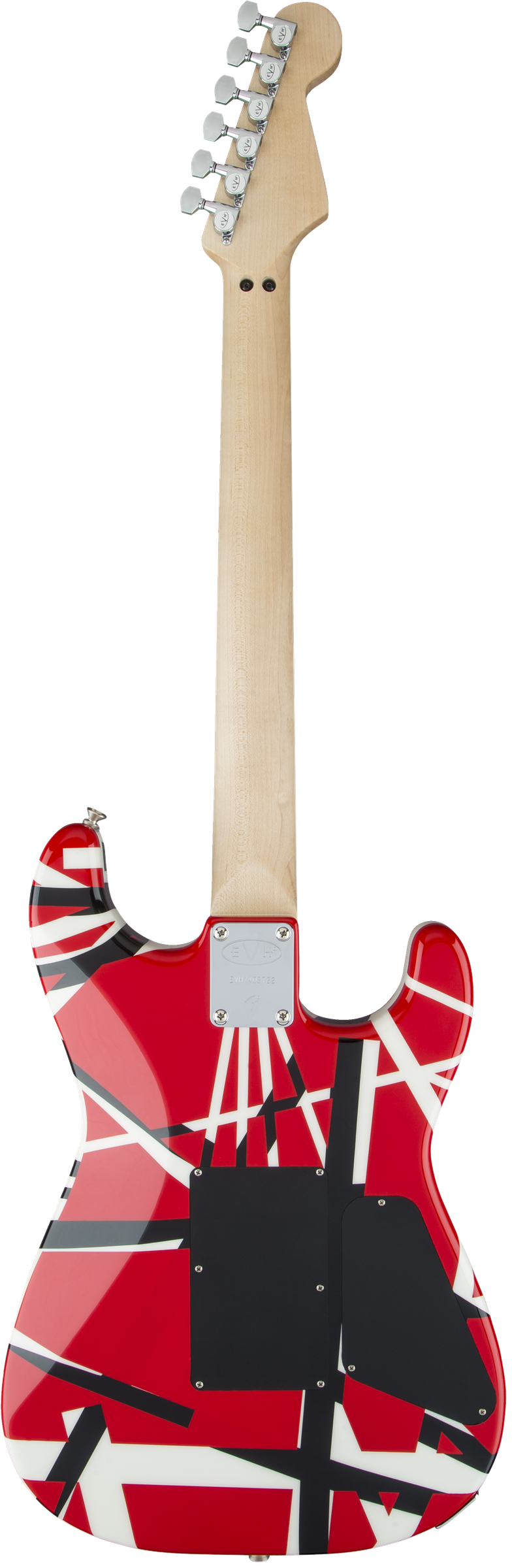Back of EVH Striped Series Left Hand MP Red, Black and White Stripes.