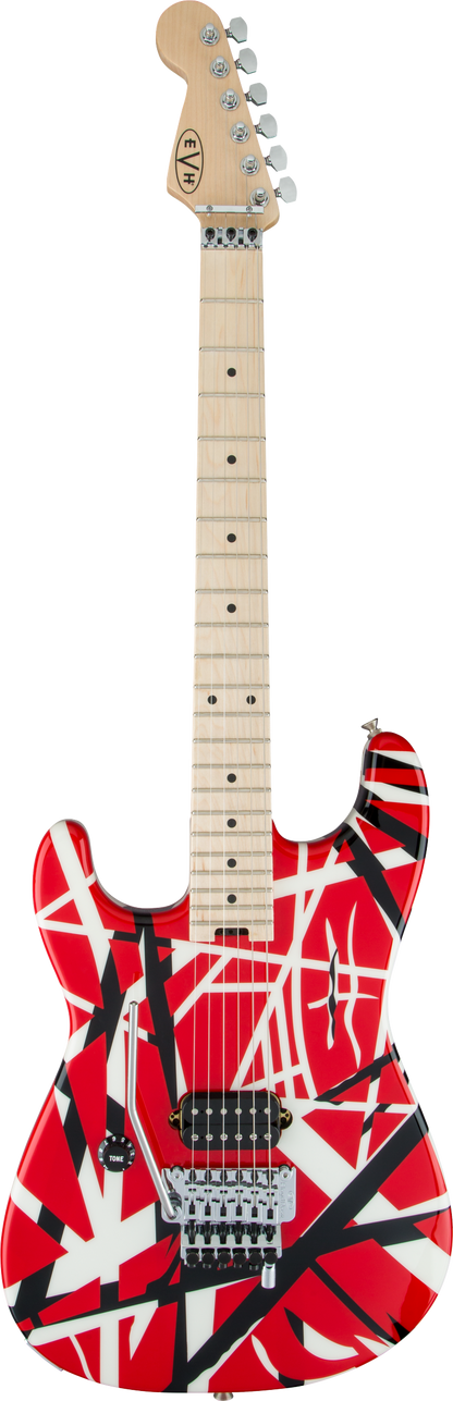 Full frontal of EVH Striped Series Left Hand MP Red, Black and White Stripes.