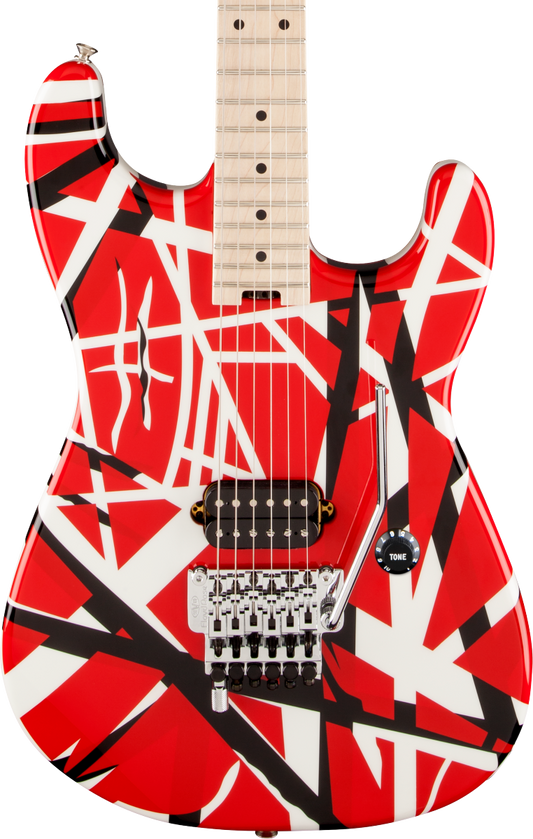 Front of EVH Striped Series Red w/Black Stripes.