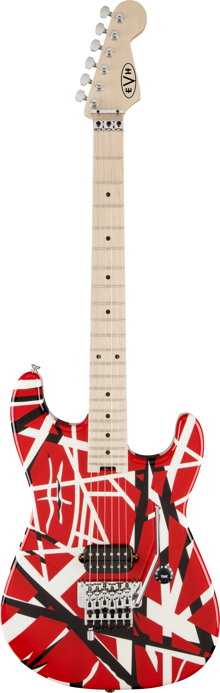 Full frontal of EVH Striped Series Red w/Black Stripes.