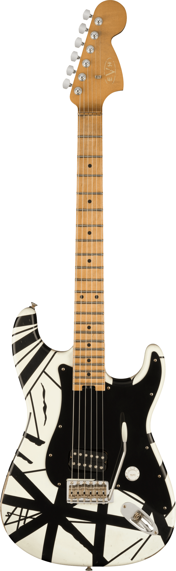 Full frontal of EVH Striped Series '78 Eruption Black w/ White Stripes Relic.