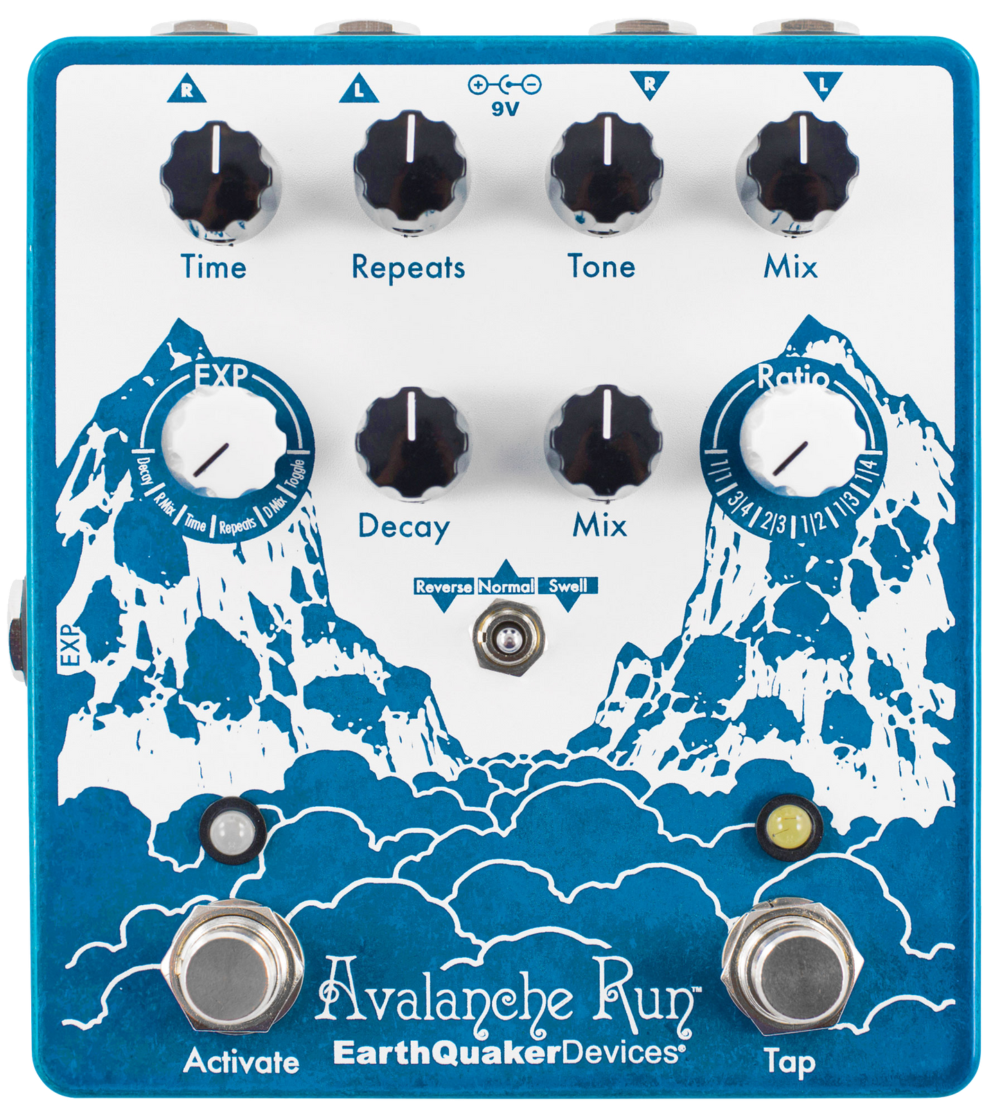 Top down of EarthQuaker Devices Avalanche Run Stereo Delay Reverb w/Tap Tempo V2.
