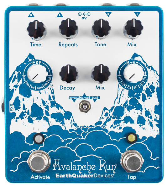 Top down of EarthQuaker Devices Avalanche Run Stereo Delay Reverb w/Tap Tempo V2.